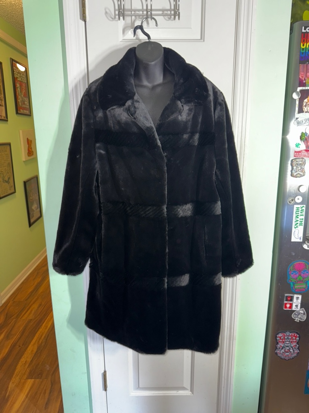 Gallery Black Faux Fur Sleek Fuzzy Vintage 90s Warm Long Coat Jacket Size XL